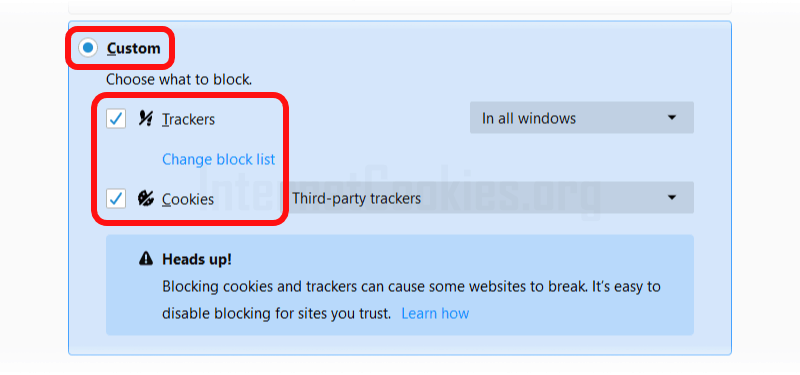 Firefox disable some cookies